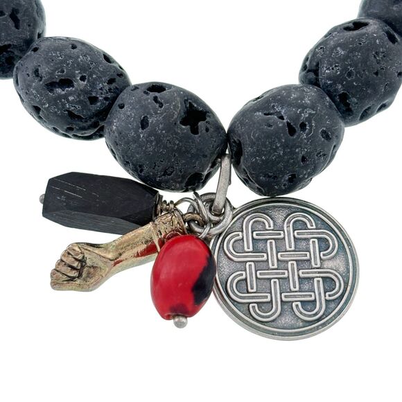 Sterling Silver 950 Black Lava Bead Figa Huayruro Knot Jet Stretch Bracelet 7" - Picture 2 of 6